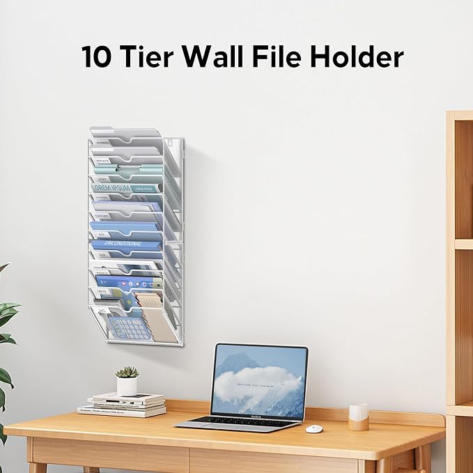 10-Tier Wall File Organizer and Hanging File Organizer, White | Wall Organizer and Wall Mounted File Holder with 14 Pockets and Label Panels for Files, Mail, Folders, Magazines and Paper