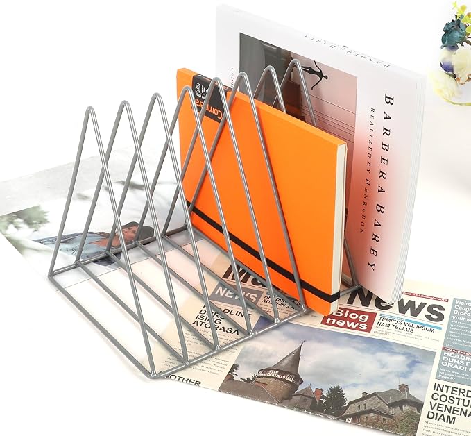 Vinyl Record Holder Storage, 9 Slot Metal Magazine Book Album Display Rack, Stylish Triangle Desktop File Sorter Organizer for Home Office, Grey Pack of 2