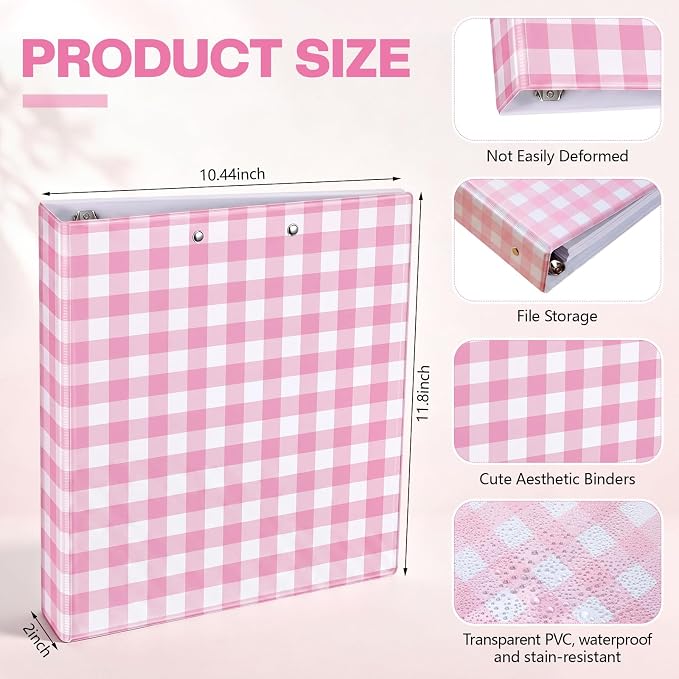 Colarr Pink Gingham 3 Ring Binder 1.5 Inch with Clipboard Interior Pockets, Cute Preppy Round Ring Binder for Office Supplies & File Folder Organization