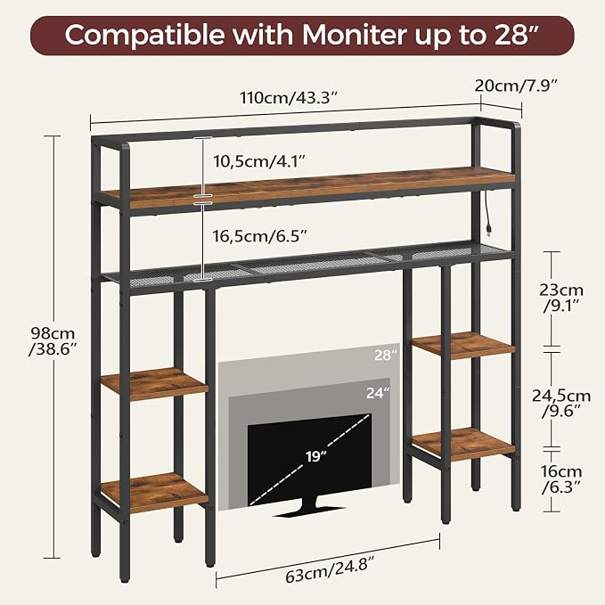 MAHANCRIS Desk Shelf, 43.3" Desk Hutch with Light Strip | Office Desktop Organizer, 5 Tier Desktop Bookshelf for Computer Monitor, Storage Rack for Study, Home Office, Rustic Brown