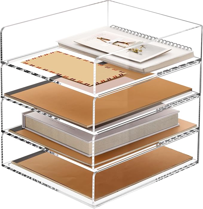 Acrylic Paper Organizer Letter Tray, Stackable Desk Organizer, 4-Tier | Desk Organizers and Accessories, Vertical File Tray, Workspace Office Supplies Organizer for Office Classroom Home, Clear