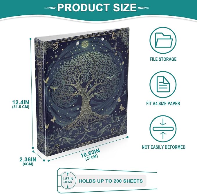 3 Ring Binder 1.5 in Recipe Binders 1 Pcs Tree of Life | Decorative Client Records with Clip 3 Clear Interior Pockets for 200 Sheets Letter-Size(11" x 8.5") Paper PVC Cover Folder