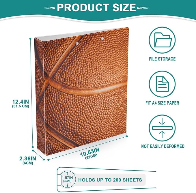 3 Ring Binder Basketball 1.5 Inch Three Ring Binder | Cute Binder with 3 Storage Pockets for Women School Office Supplies