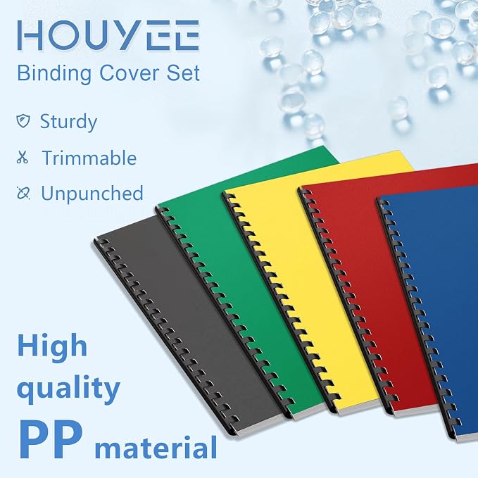 HOUYEE 50 Pack 16 Mil Binding Presentation Covers, Sand-Textured, 5 Colors | Plastic Back Binding Polycovers, 8.5x11 Inch Letter Size, Un-Punched,Office Use (Black,Yellow,Red,Green,Blue)