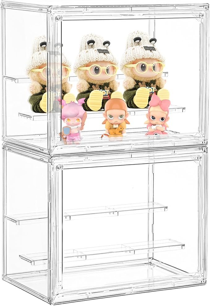 Small 3 Layer Acrylic Display Case Stackable Box for Collectibles,2 Pack | Removable Adjustable Partitions & Magnetic Door,Interlocking Stable Structure Clear Showcase for Collectibles Figure Storage