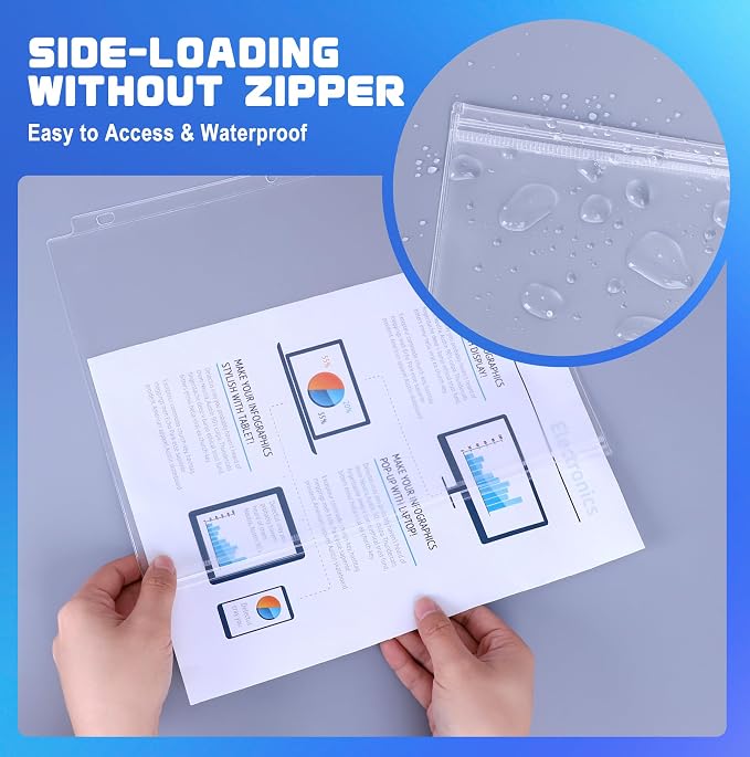 10 Pack Letter Size Binder Pockets 3 Ring Binder Zipper Pouch, 3-Hole Waterproof Resealable Zip Loose Leaf Insert Bags PVC Document Organizer Folders Page Sheet Protectors for 8.5x11 Paper