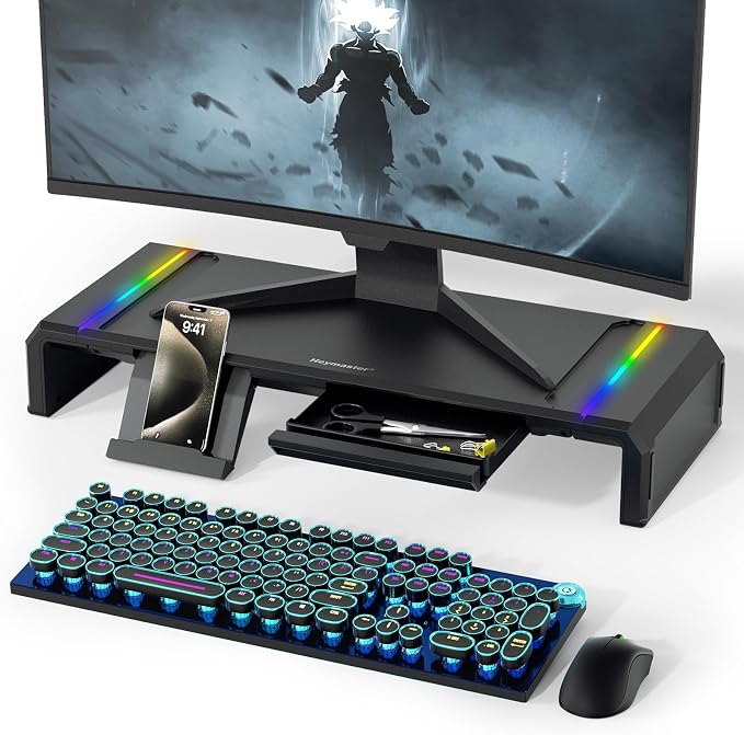 Heymaster Monitor Stand for Desk, Gaming Monitor Riser with RGB Light, Foldable Computer Monitor Stand Riser, Desk Organizers and Accessories for Desktop, Printer (Black)