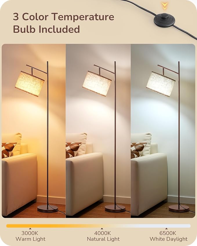EDISHINE 64.7" Modern Arc Floor Lamps for Living Room, Brown Standing Lamp | 3 Color Temperatures, Bulb Included, Adjustable Linen Shade, Foot Switch, Tall Light for Bedroom, Office, Nursey
