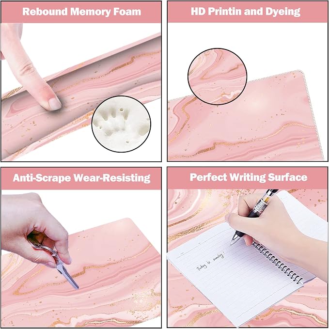 Extended Gaming Mouse Pad Set, Keyboard Wrist Rest Support Pad + Wrist Cushion + XXL Large Mouse Pad + Coaster, Stitched Edge, Non-Slip, Memory Foam Desk Mat, Pink Gold Marble