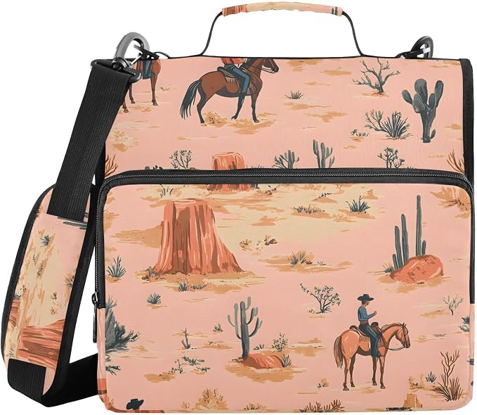 3 D-Ring Zipper Binder Bag, Cowboys Horse Pattern Cactus Removable Binder with Zipper Case Hold 300+ Sheets& 13 Inch Laptop for School Office Supplies Organizer