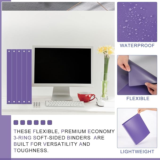 Fulmoon 12 Pcs Economy View 3 Ring Plastic Binder 12.2 x 9.8 Inch Plastic Round Ring Binders with Pockets Notebinder for Meetings for Home, Office, School(Purple, 1.5 Inch)