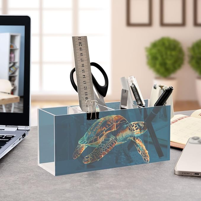 Sea Turtle Acrylic Printed Pen Holder 4 Compartments, Acrylic Plastic Pen Holder Cosmetic Brush Holder Desk Pen Holder Marker Organizer Square Acrylic Pen Holder 4 Compartments