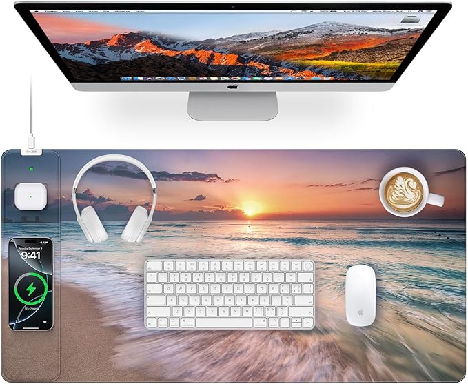 Mouse Pad with Magnetic Wireless Charging, 31.5"x15.8" in, Beach Sunset | Gaming Desk Mat for Keyboard/Laptop, Waterproof Easy Gliding Surface, Non-Slip Base, Durable Stitched Edge