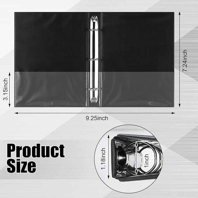 Resurhang 12 Pcs 1 Inch 3 Ring Binders 9.25 x 7.24 Inch Mini Small Black 3 Round Ring Binder with 2 Clear Pockets Fits 5 1/2 x 8 1/2 Binder Paper Pages Planner