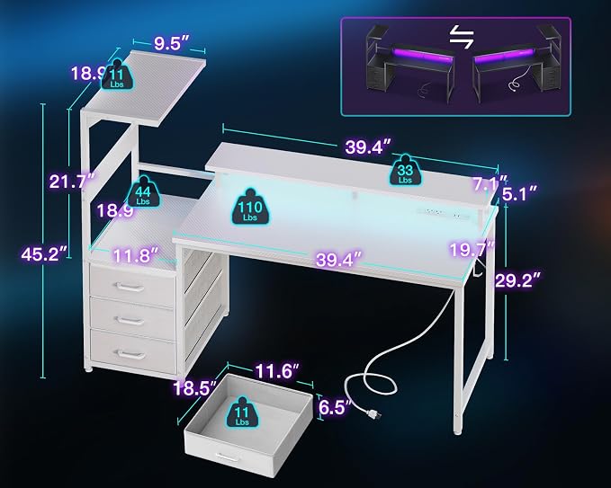 AODK 52 Inch Gaming Desk with USB Charging Ports & LED Light- Reversible Computer Desk with Storage Shelves & Monitor Stand, Modern Gamer Desk Table with Fabric Drawers, White