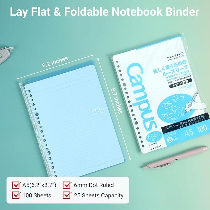 KOKUYO Campus Smart Ring Binders 3 Pack, A5 Binder Notebooks + 100 Campus Loose-Leaf Paper, 25 Sheet Capacity, 20 Ring, Slim Binder Folder for Meeting and Classes, Vivid Color
