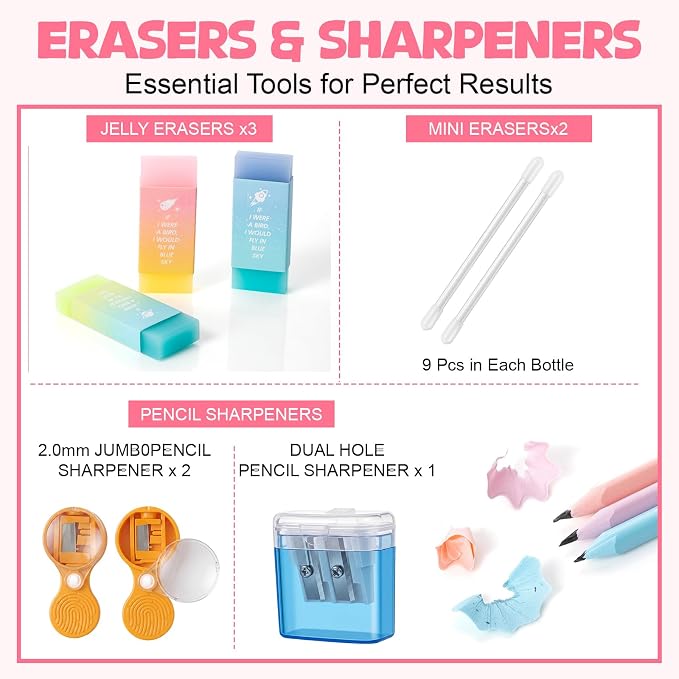 Eersida 47 Pcs Aesthetic School Supplies with Cute Pen Case, Mechanical Pencils 0.5mm, 0.7mm, 0.9mm & 2.0mm with Leads and Eraser Refills, Wood Pencils #2, for Writing, Drawing & Drafting (Pink)