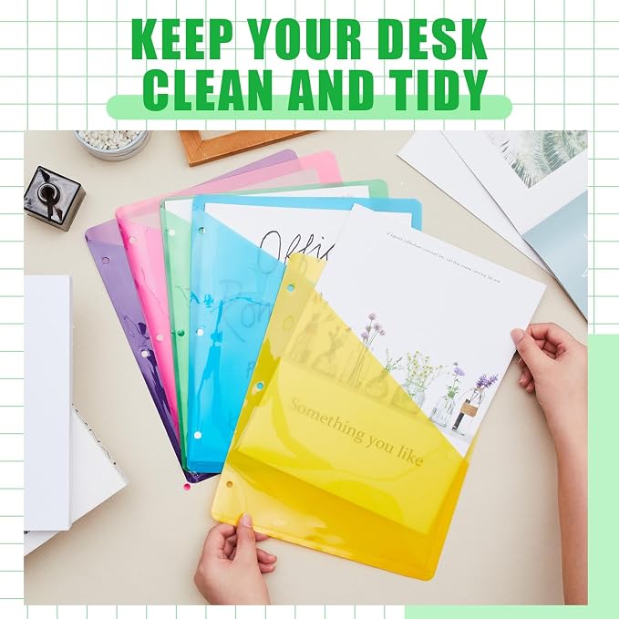Maitys 50 Pack Binder Pockets 3 Ring, Letter Size 8.5x11,Neon Colors | Clear Plastic Document Sleeves, Sheet Protectors with Slash Jacket, Fits Standard 3 Hole Binders, Organize Office Papers