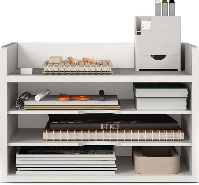 Ballucci File Organizer, 4-Tier Office Desk Organizer, Open Top Wood Paper Organizer for Classroom, Desktop Mail Sorter Paper Tray, White