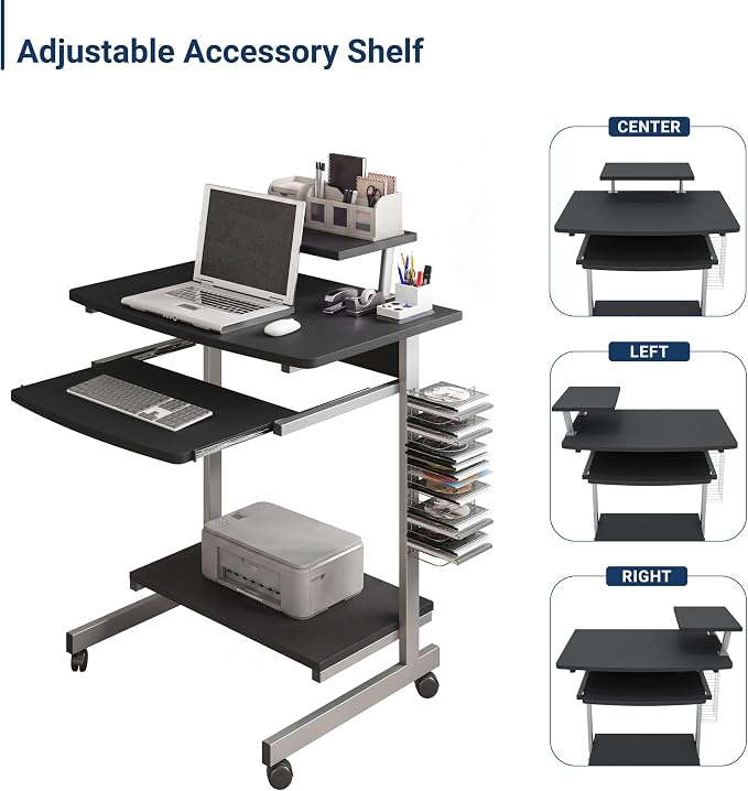 Techni Mobili Rolling Computer Desk Cart w/ Keyboard Tray & Wheels, Black | Locking casters, printer stand, office cart, compact desk, home office, small space computer workstation