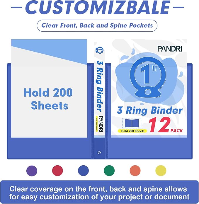 3 Ring Binder 1 Inch, PANDRI 12 Pack 1-Inch Binder Fits Letter Size 8.5'' x 11'' Paper, Versatile Binders for Office Home School, 2 Pockets, Assorted 6 Color