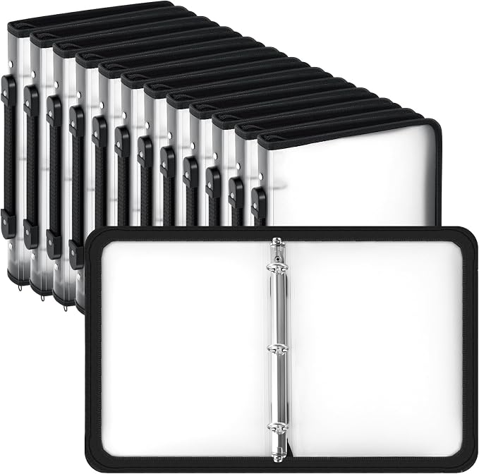 Teling 12 Pcs 1 Inch Zipper Binder 3 Ring Organizer, White | Secure Zipper Closure, Refillable 3 Ring Design, Handle Carry, Fits Letter Size Papers for School, Office and Projects