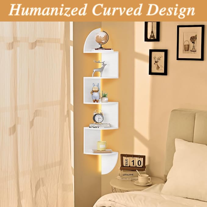 Corner Shelf, 5 Tier Bookshelf with LED Light, Corner Shelf Wall Mounted, Floating Shelves for Wall, Display Stand for Bedroom, Living Room, Bathroom, Home, Office, White