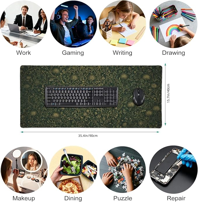 Dark Green Floral Desk Mat Gold Flowers XXL Large Desk Pad - Anti-Slip Stitched Edges Mouse Pad for Women, Office & Home, Extra Big Computer Keyboard Mat for Desktop, Aesthetic Office Decor