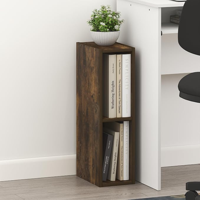Furinno Fulda Book Shelf, 2-Tier Narrow Bookshelf, Bookcase with 6-in Width Storage Shelf, 9.3 x 5.9 x 21.2, for Living Room, Bedroom, Home Office, Amber Pine
