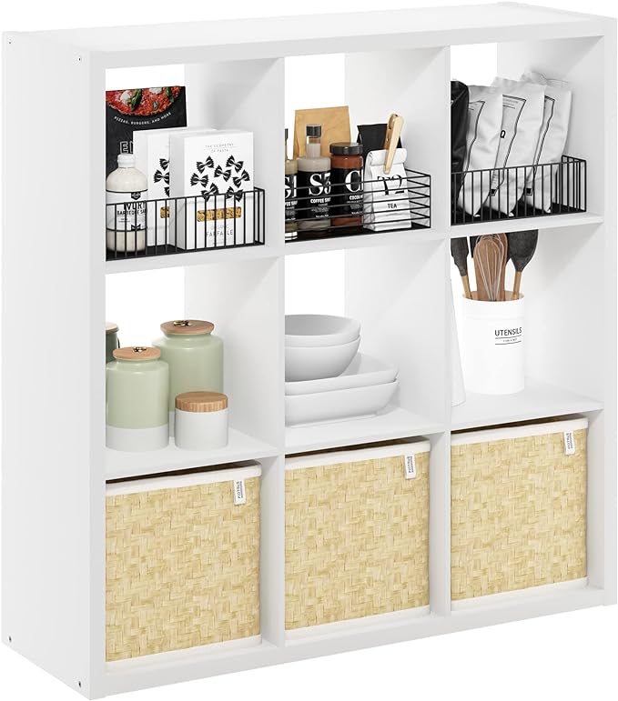 Furinno Cubicle Book Shelf, 9-Cube Bookshelf, Extra Thick Frame Reversible Tall Wide Bookcase with Open Back, 14.6 x 44 x 44, for Living Room, Bedroom, Home Office, Plain White