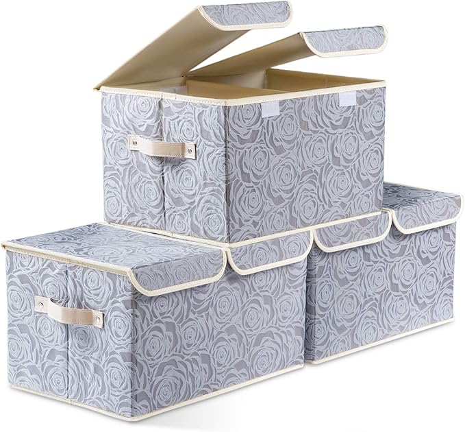 PRANDOM Large Foldable Storage Bins with Lids Fabric Decorative Storage Box Cubes Organizer Containers Baskets with Cover Handles Removable Divider for Home Bedroom Closet 17.3x11.8x9.8 Inch 3 Pack