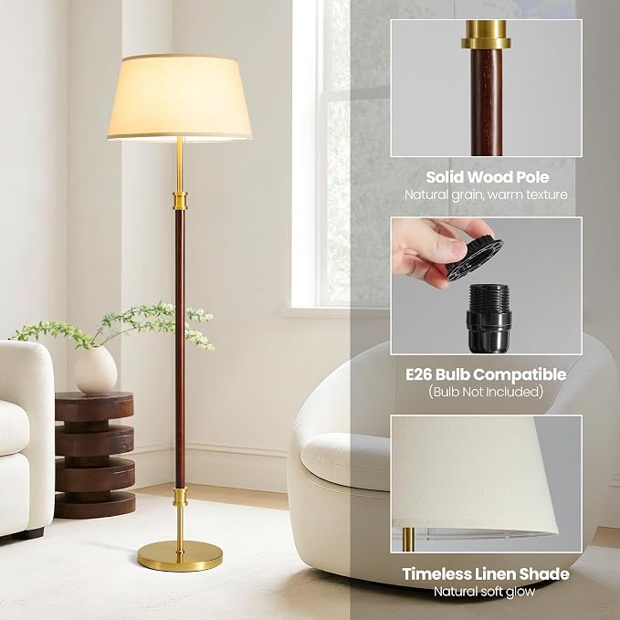 Modern Mid Century Wood Floor Lamp with Soft Linen Shade, 63” Tall Solid Wood & Brass Standing Lamp, Weighted Base, Warm Ambient Light for Living Room, Bedroom & Reading Corners (Solid Wood & Gold)