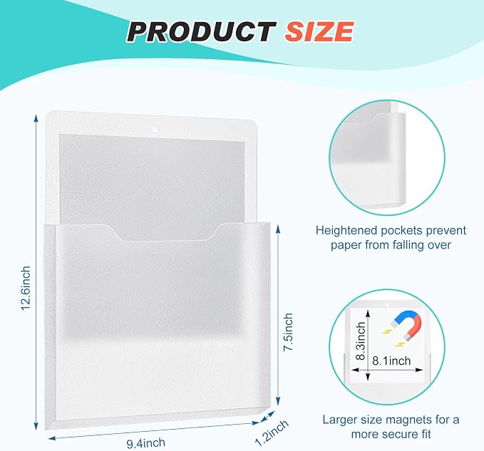 Feifeiya 2 Pcs Magnetic File Folder Wall Hanging Holder Large Pocket Paper Magazine Mail Organizer for Refrigerator Classroom Locker Whiteboard(Vertical,Black Clear,12.2 x 9.4 Inches)