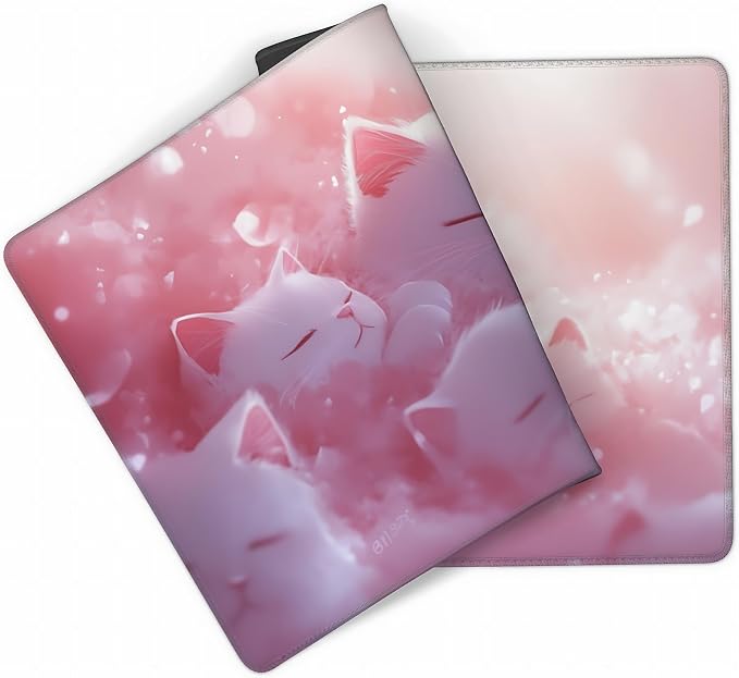 Cute Anime White Cat Gaming Mouse Pad, Pink Dreamy Desk Mat with Anti-Slip Base & Stitched Edges,35.4" x 15.7" in Table Mat for Computer Desktop, Beautiful Workstation Decor