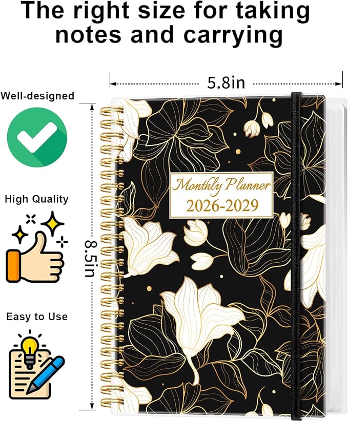 2026-2029 Monthly Planner - 36 Month PLanner Calendar from July 2026 to June 2029, 3 Year Planner 2026-2029 with Flexible Cover, Inner Pocket, Perfect for Home | School | Office, 5.8" x 8.5", White Gold Flower