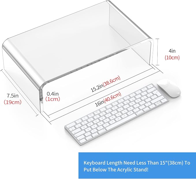 Acrylic Monitor Stand Riser Clear Laptop Stand Riser L16 xW7.5 xH4 | PC Holder Riser Compatible with All Notebooks and Monitors,Decoration for Office & Home,Computer & Laptop Stand for Desk