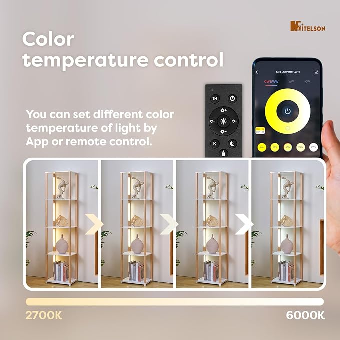 Floor Lamp with Shelves, Modern Shelf Lamp with Remote/APP Control, Standing Lamp for Living Room and Bedroom, 5-Tier Display Shelf with Dimmable Lights, Tall Lamp, White/Natural Wood