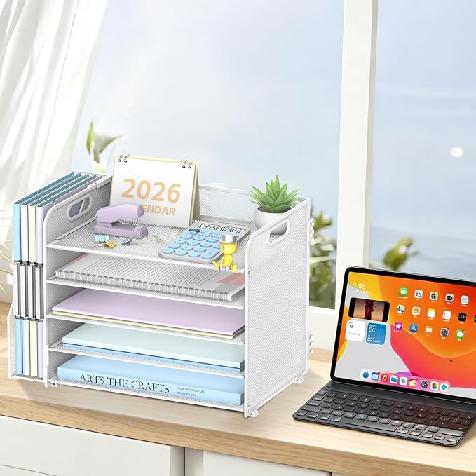 5-Tier Desk Organizer with File Holder, Paper Organizer for Desk, White | 5 Letter Trays and Vertical File Holder with Metal Mesh Frame for Papers Folders Books and Mail in Office Home or School