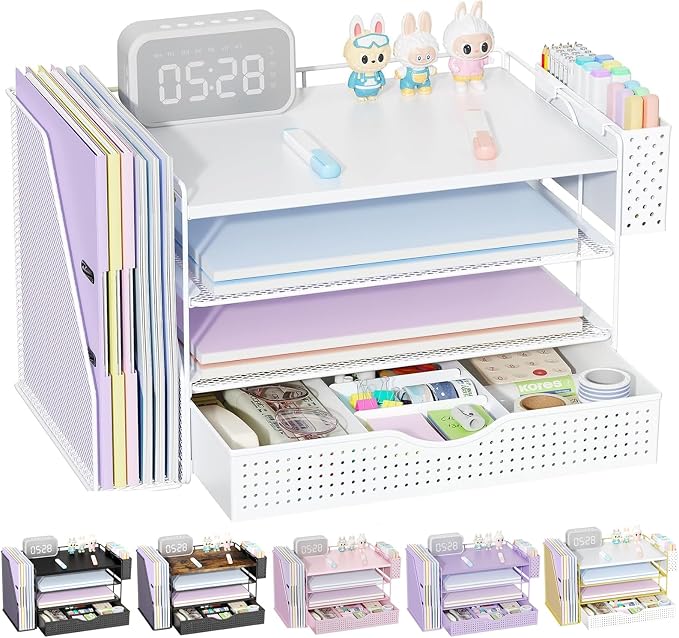 gianotter Wood Desk Organizers and Accessories with File Holder, 4-Tier Desk Accessories & Workspace Organizers with Drawer and Pen Holder, Desk Reference Organizer (White, 4T with Drawer)