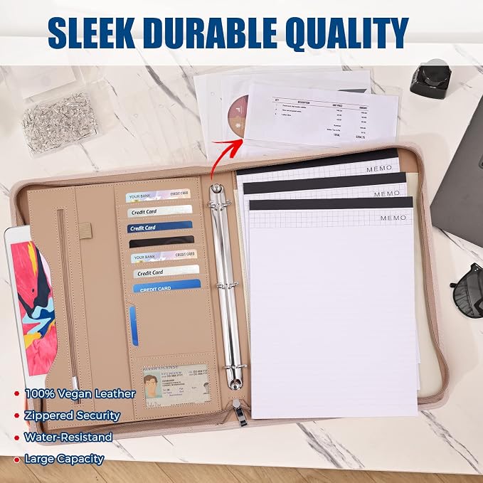 3-Ring Padfolio Portfolio Binder Organizer,PU Leather Folder Binder Business Planner Notebook Zippered Portfolio for Women/Men with Document Sleeve,Letter/A4 Size Clipboard