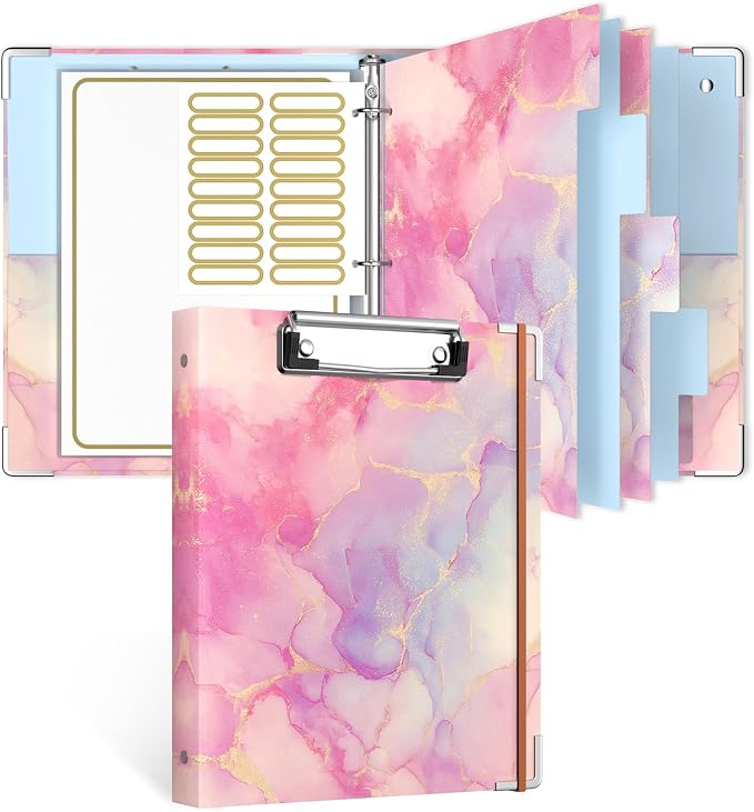 Rouidr Mini 3 Ring Binder with clipboard, 1 inch Round Binder Organizer, 8.5"x5.5" Cute Binder with 5 Dividers Tabs & Clear Sleeves, School Supplies, Office Supplies