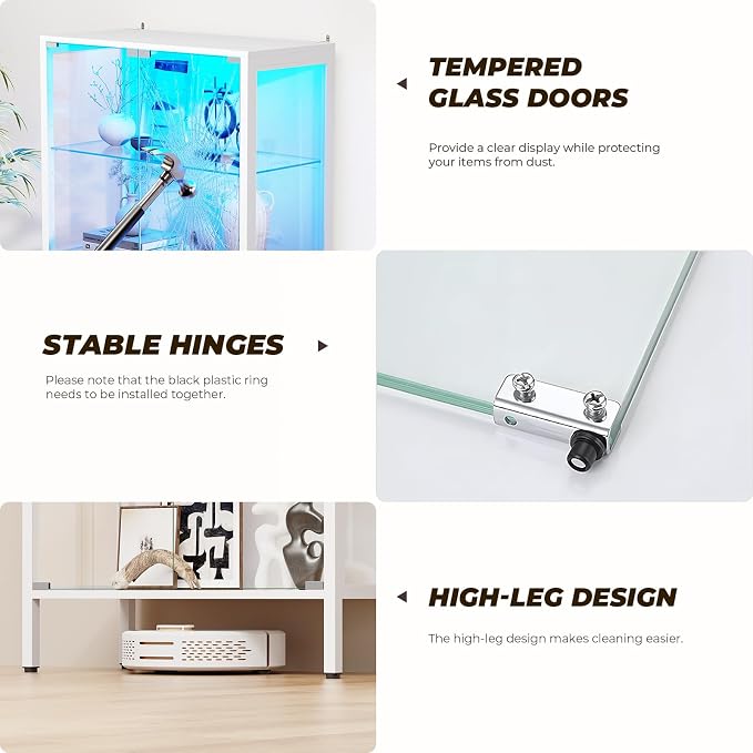 Glass Display Cabinet, 5-Tier Display Case with Adjustable Glass Shelves, Metal Curio Cabinet with 3 Color Lights for Collectibles, Bookcase with Human Body Sensor, White