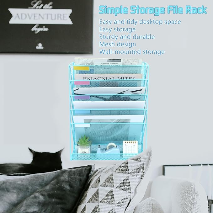 5 Pockets Mesh Wall File Holder Organizer with Bottom Flat Tray, Office Hanging File Folder Magazine Rack, Nametag Label Hooks Set Included, Blue