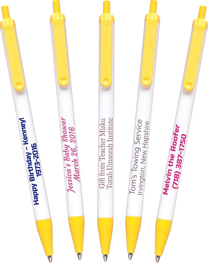 USA Made, Personalized Writing Ink Ballpoint Novelty Pens, Custom Printed with Your Logo & Text (Pack of 500 White Pens with Yellow Trim)
