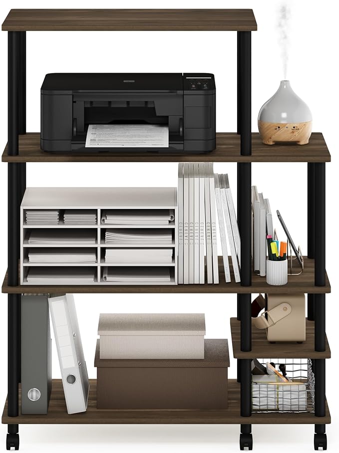 Furinno Turn-N-Tube 4-Tier Wide Toolless Multipurpose Printer Stand Display Storage Shelf with Wheels, Columbia Walnut/Black | Wide Printer Table with with Storage Shelf and Casters, Open Frame Standing Shelf, for CPU, Office Supplies, Home Office