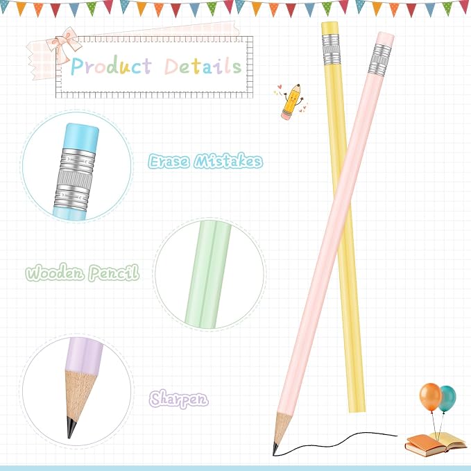 Outus 24 Pieces Round Pencils Cute HB Graphite Wood Pencils Bulk with Eraser for School Writing Drawing Sketching Wedding Office Supplies(Pastel)