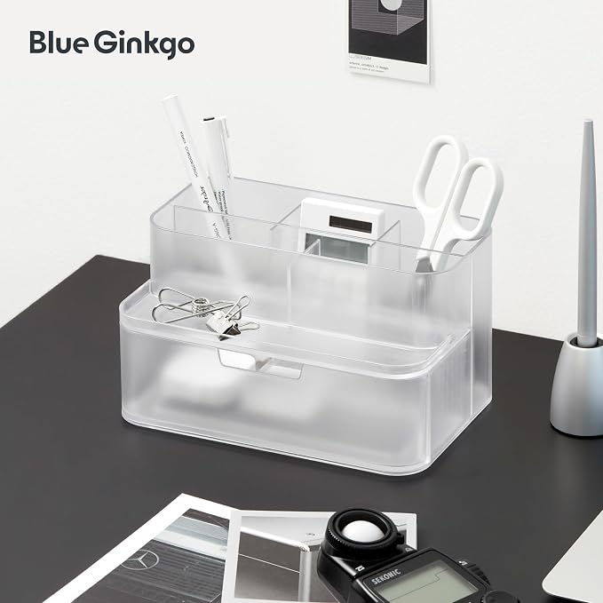 BLUE GINKGO Compact Desk Organizer, Transperent, Made in Korea | 5 Compartments. Half Drawer. Space-Saving.