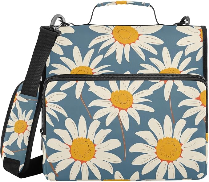 ALAZA Daisy Floral Zipper Binder 1.5 inch 3 Ring Binder Organizer with Shoulder Strap and Handle for Home Office Work