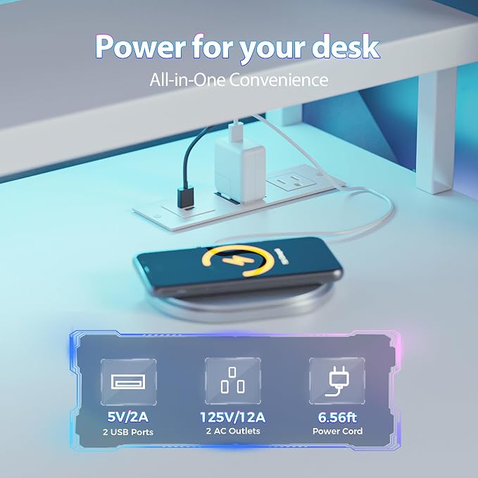 60 inch Gaming Desk with Drawers, Reversible Computer Desk, White | Gamer Desk with LED Lights, Power Outlets & Monitor Stand, Large Office Table for Home Bedroom Study Work Writing
