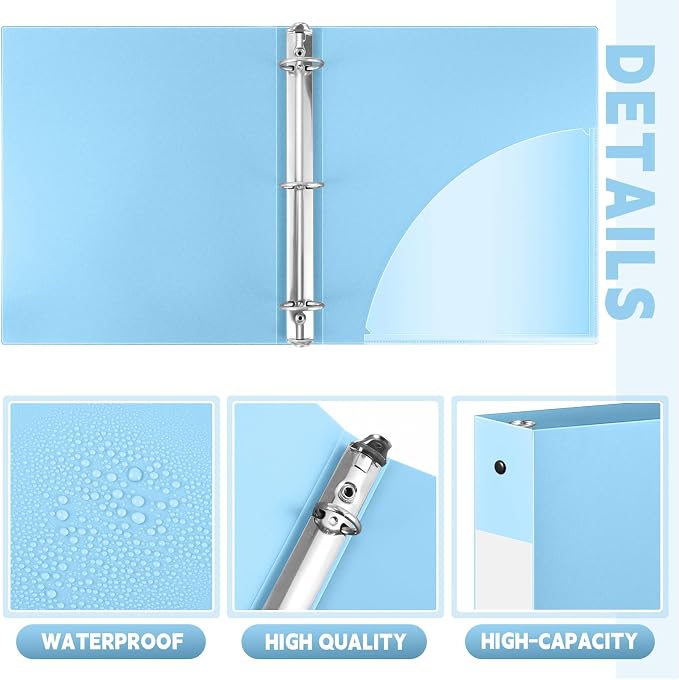 Henoyso 12 Pcs 1.5 Inch 3 Ring Binders, Letter Size,Light Blue | Binders Bulk, Holds 350 Sheets, Round Rings, Durable Flexible PP Plastic Covers, Pockets Labels, School Office Supplies